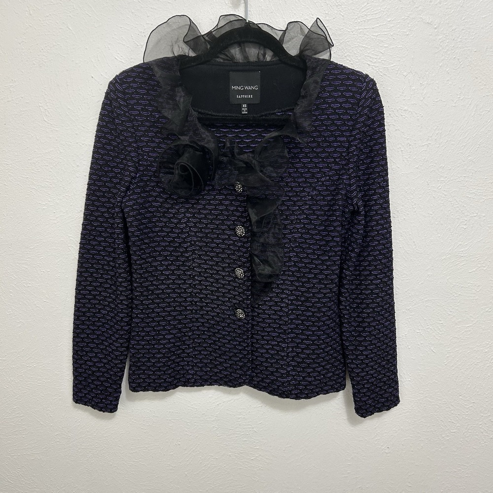 MING WANG Purple Knit Blazer Sweater Jacket Top Ribbon Trim Old Money Size XS